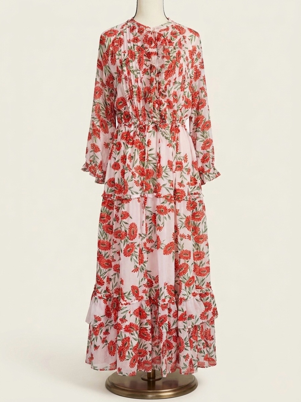 Banjanan Floral Tiered Long Sleeve Maxi Dress - Pink/Red